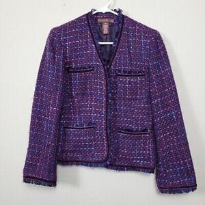 Chic Open Front Purple Long Sleeve Pockets Fringed Blazer